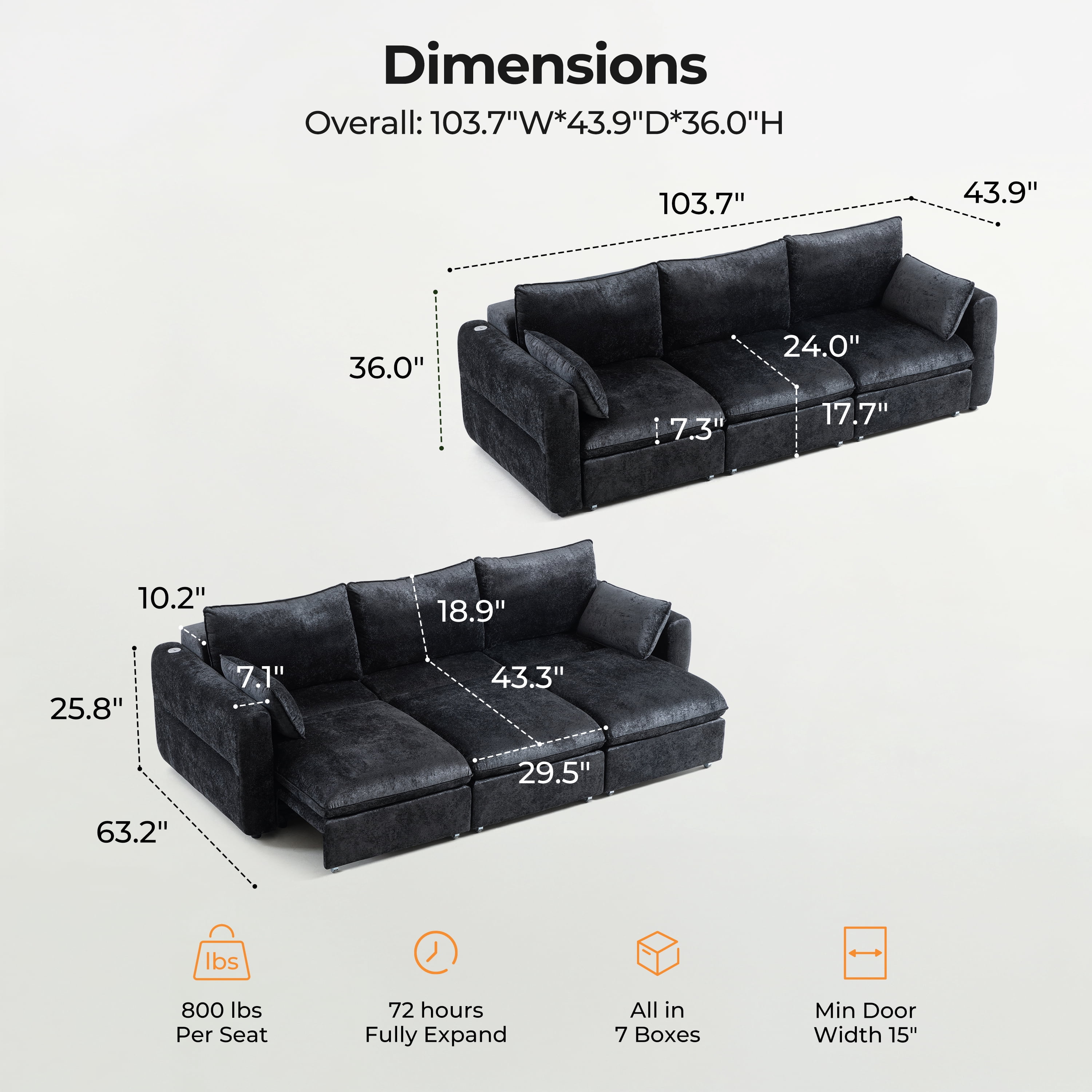 CHIC HOUSE 104" Electric Extendable Sofa Bed with Triple Motor, Convertible Smart Power Reclining Sleeper Sofa Deep Seat 3-Seat Couch with Solid Wood Frame in Velvet, Black