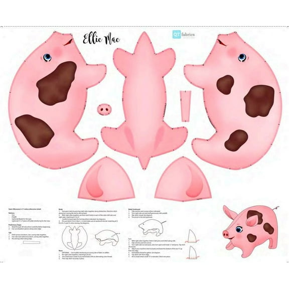36" X 44" Panel Ellie Mae Stuffable Pig Stuffed Animal Kids Toys Cotton Fabric Panel (1649-28128-P)
