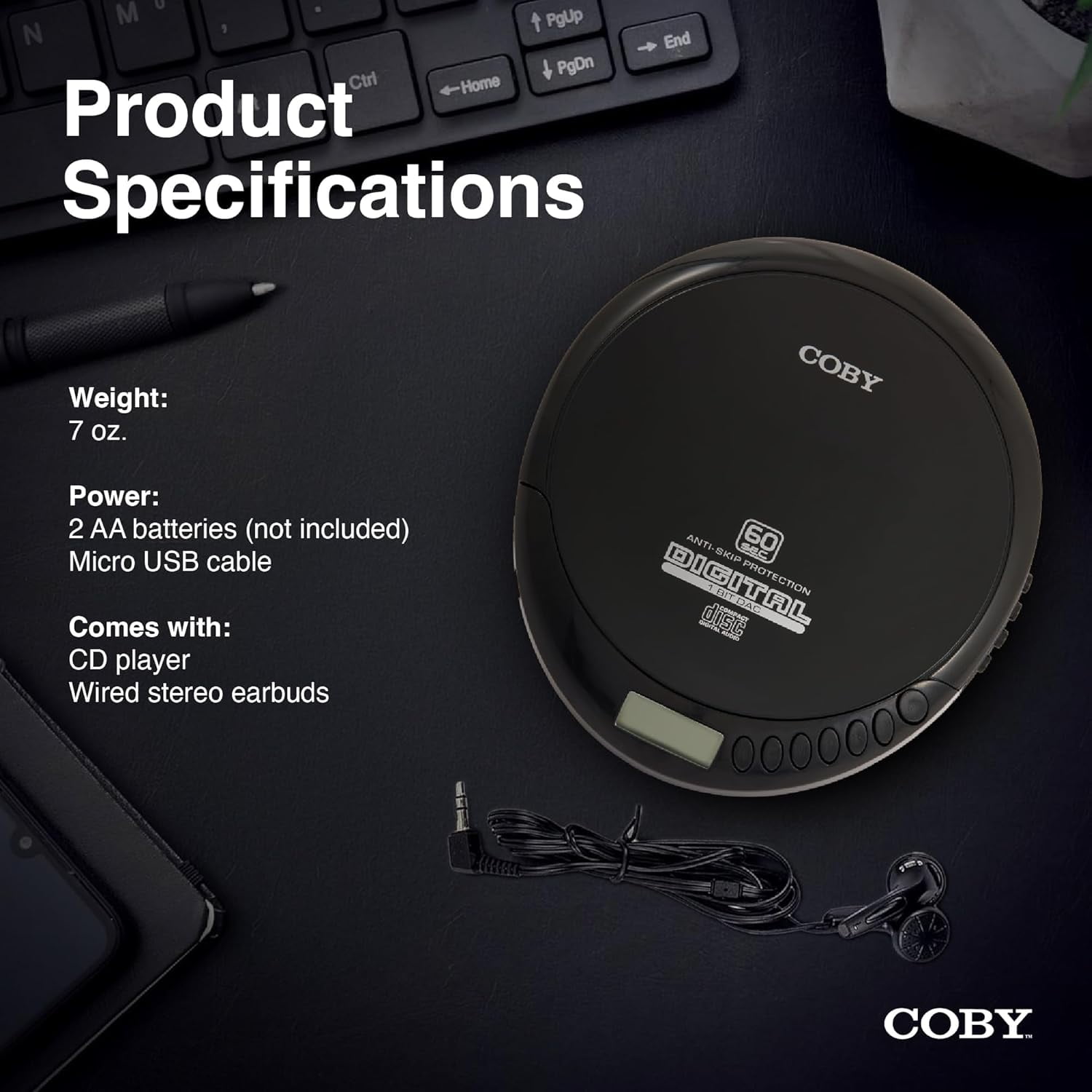 Coby Portable MP3 Compatibility, Built-In FM Radio, 60s Anti-Skip CD Player with Stereo Earbuds