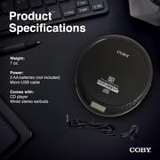 Coby Portable MP3 Compatibility, Built-In FM Radio, 60s Anti-Skip CD Player with Stereo Earbuds