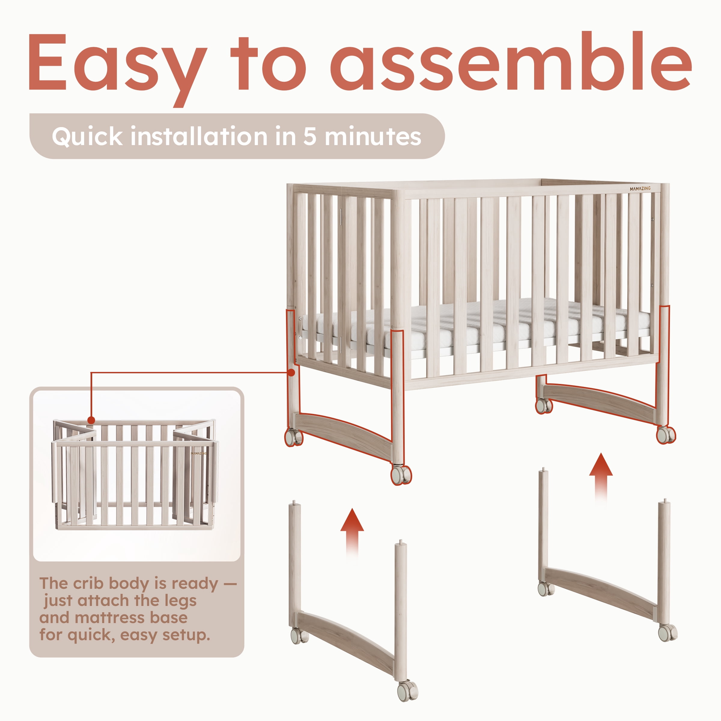 Mamazing 7-in-1 Convertible Baby Crib with mattress, 4 Adjustable Heights Pinewood Foldable Infant Cradle Converts to Twin Bed Playpen Mini Sofa