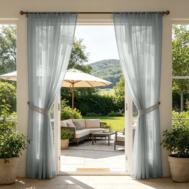 Vacemry Outdoor Sheer Curtains Waterproof Resistant Light Filtering Privacy Voile Curtains Rod Pocket, Faux Linen Fabric Curtain Panels, Fade Resistant Window Drapes For Patio Porch Gazebo Pergola