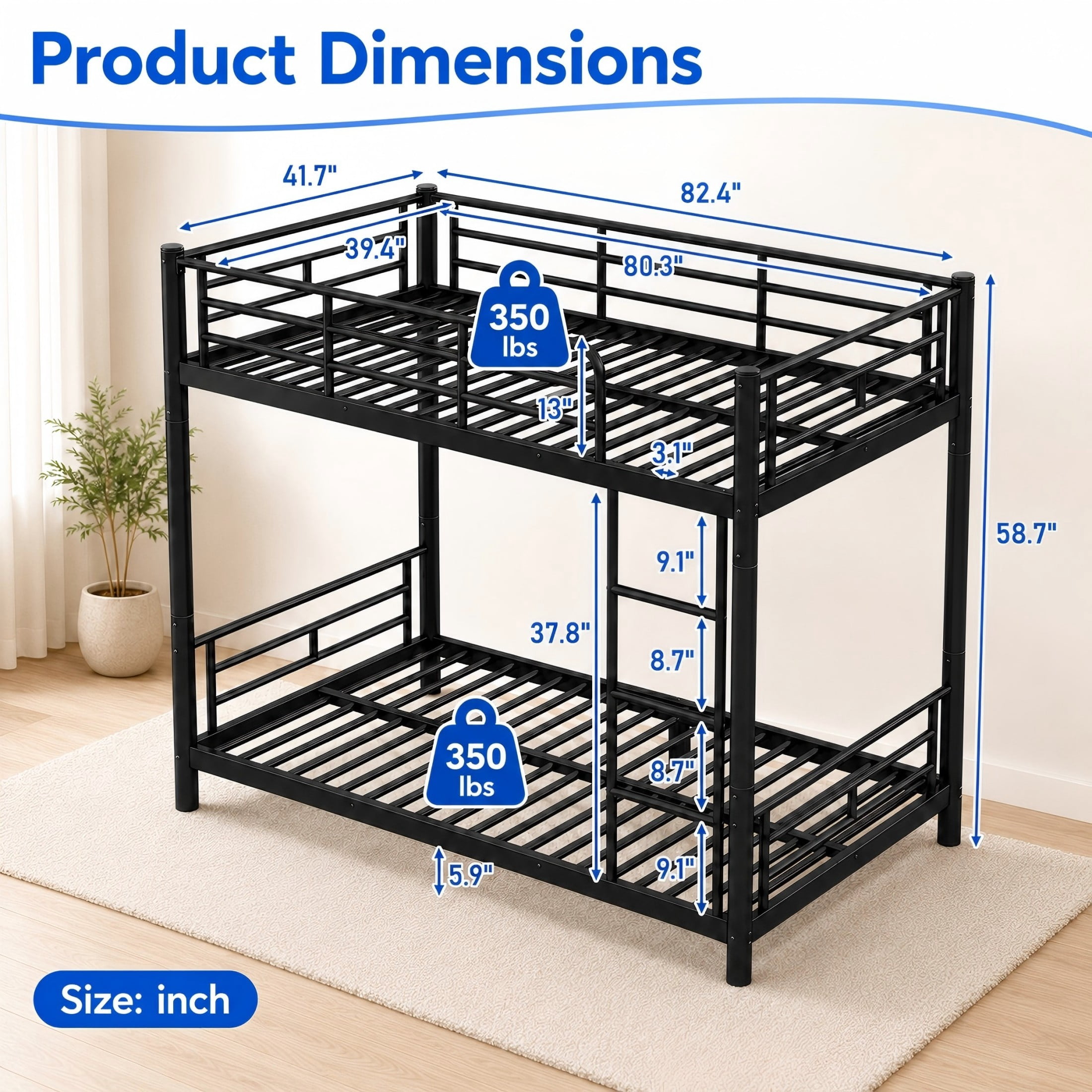 Aukfa Twin XL over Twin XL Metal Bunk Bed for Kids, Converts into Two Twin XL Beds, Round Tube Construction & Full-Length Guardrails, Black