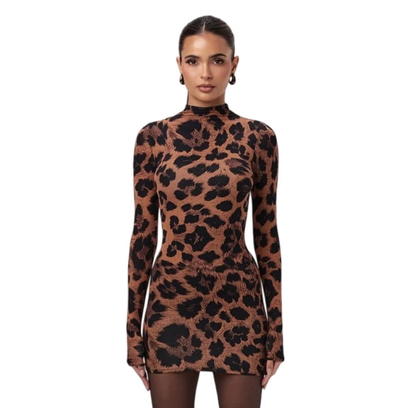 Women's Leopard Print O-Neck Long Sleeve Hips Wrapped Mini Dress, Sexy