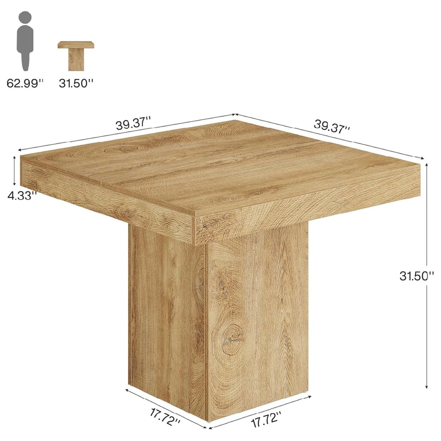 Dining Table, 39" Square Wood Kitchen Table with Pedestal Base, Seats 4, Natural Finish