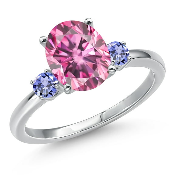 Gem Stone King 14K White Gold Pink Moissanite and Blue Tanzanite Engagement Ring for Women | 3.12 Cttw | Oval 10X8MM | Gemstone Birthstone | Size 6