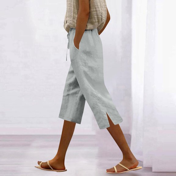 Maqroz Linen Capri Pants for Women Loose Fit Elastic Waist Lightweight Flowy Cotton Linen Casual Summer Cropped Trousers with Pockets for Beach Vacation