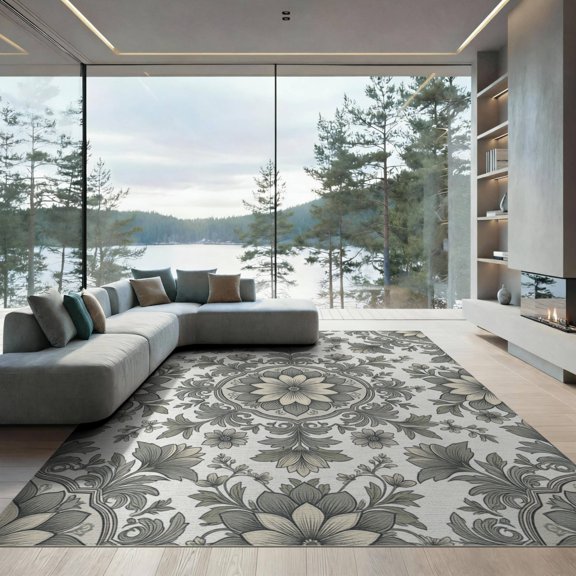 ODIKA 9'x12' Washable Area Rug Large Weathered Grey Decorative Scroll Vine Delicate Botanical for Great Room, Indoor Concept, Living Low Pile, Flatwoven