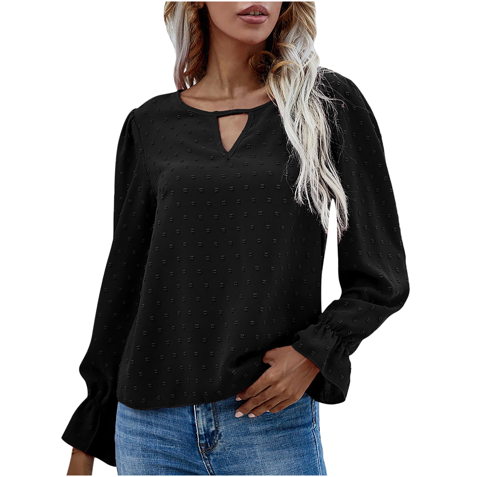 ZZwxWA Womens Tops Pearl Ruffle Long Sleeve Top Crew Neck Dot