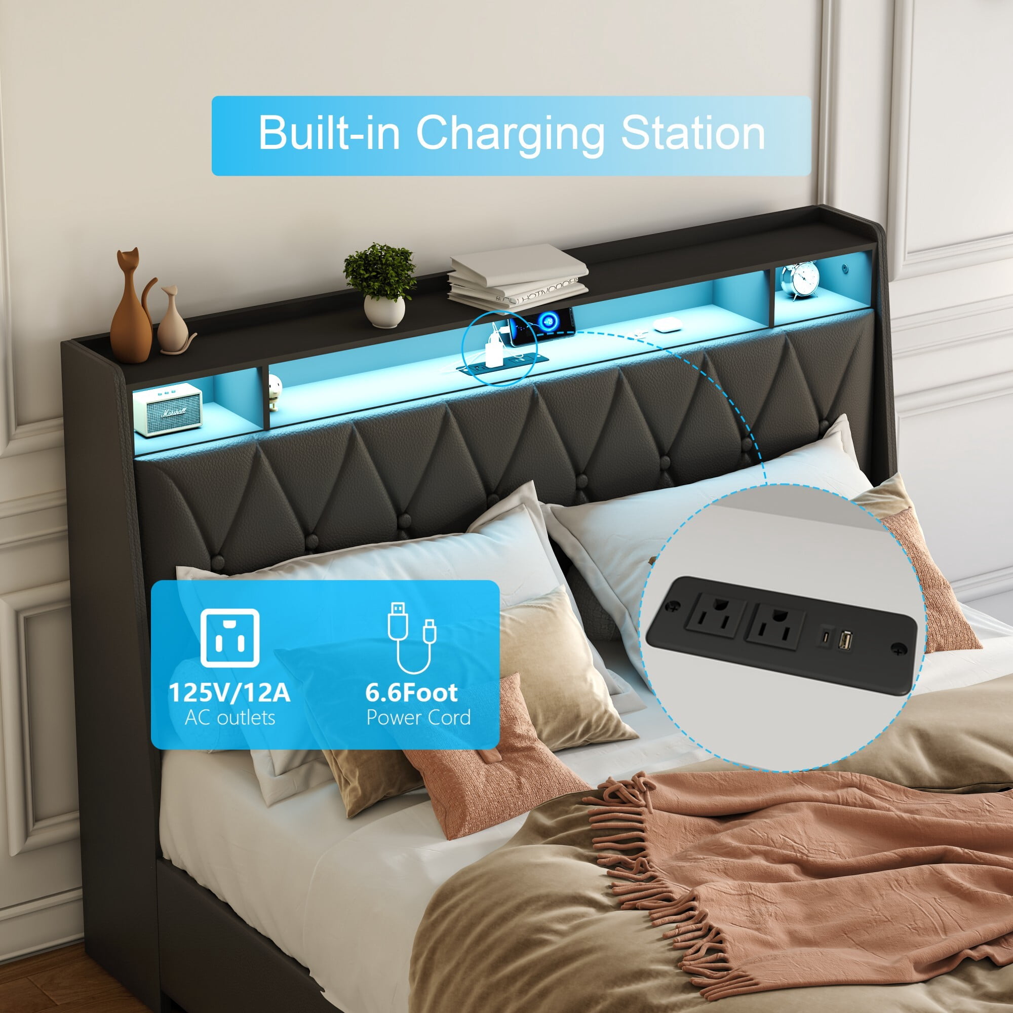 AENKYO Queen Size Bed Frame with LED Lights, Upholstered Storage Headboard & 4 Drawers, and Built-in Charging Station, Black