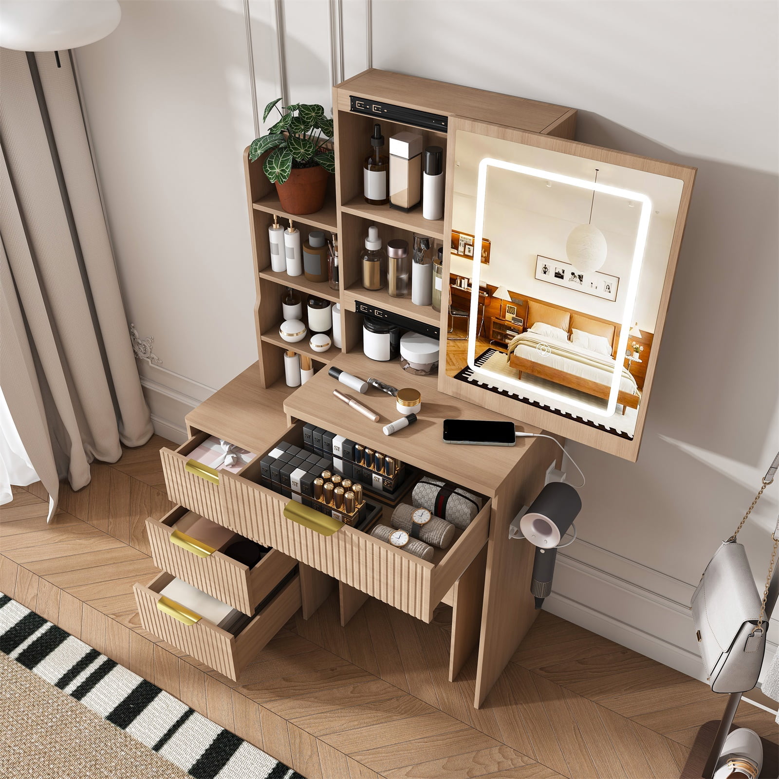 Hommoo Modern Fluted Vanity Desk Set, Makeup Vanity Dressing Table with Adjustable Brightness LED Lighted Mirror, 4-Drawer and Storage Shelves, Hair Dryer Holder and Power Socket, and Stool, Walnut