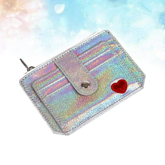 WHAMVOX Holographic PU Leather Embroidery Lady Purse Shinning Handbag Creative Women Wallet with Zipper for Bank Cards Money (Silver)