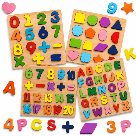 4-piece wooden puzzle set for kids, alphabet, number, shape, and ABC puzzles, preschool educational learning toys with puzzle board for boys and girls