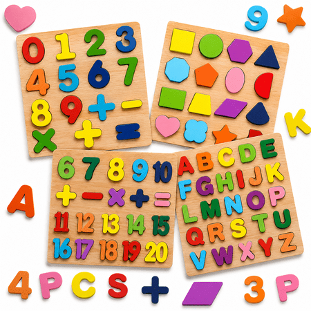 4-piece wooden puzzle set for kids, alphabet, number, shape, and ABC puzzles, preschool educational learning toys with puzzle board for boys and girls