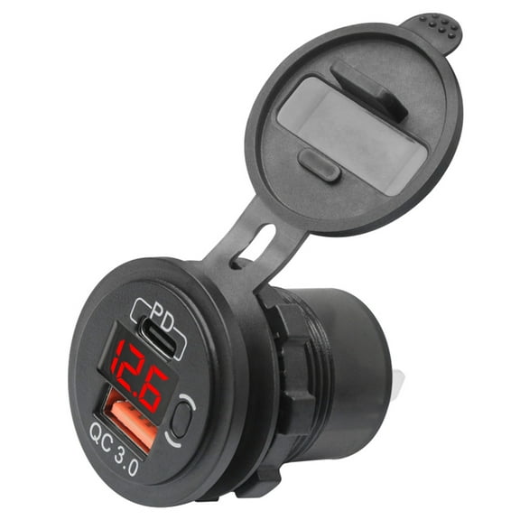 USB C Car Socket QC3.0 PD Fast Charging Outlet with LED Voltmeter & Power on/off 12V/24V for Car Boat