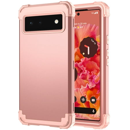 Mantto for Google Pixel 6 Case, 3 in 1 Heavy Duty Rugged Hybrid Anti Slip Shockproof Hard PC Cover Soft Silicone Bumper Non-Slip Protective Phone Case Cover for Google Pixel 6 2021,Rosegold