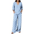 thumbnail image 2 of Cagogo Women Plus Size 2 Piece Set Polka Dot V Neck Long Sleeve Blouse Wide Leg Pants Matching Casual Outfit Loose Boho Vacation Travel Lounge Suit Clothes, Light Blue L, 2 of 6