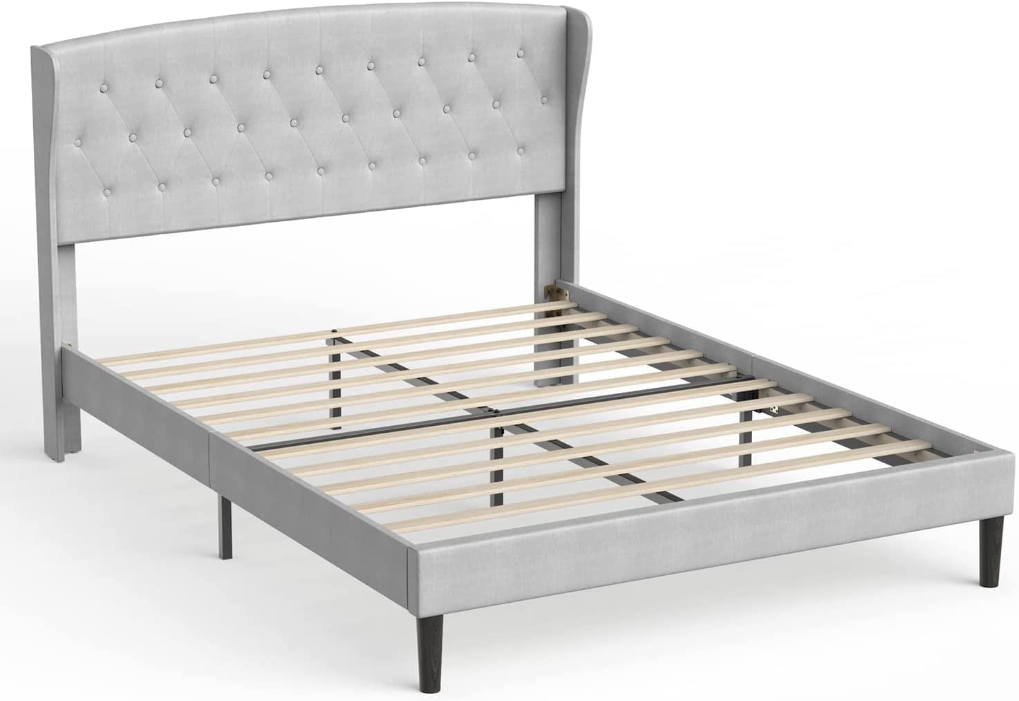 Bonsoir FULL Size Upholstered Traditional Low Profile Platform Bed Frame with Tufted Wing Back Headboard/No Box Spring Needed/No Bed Skirt Needed/ Linen Fabric Upholstery/Light Grey