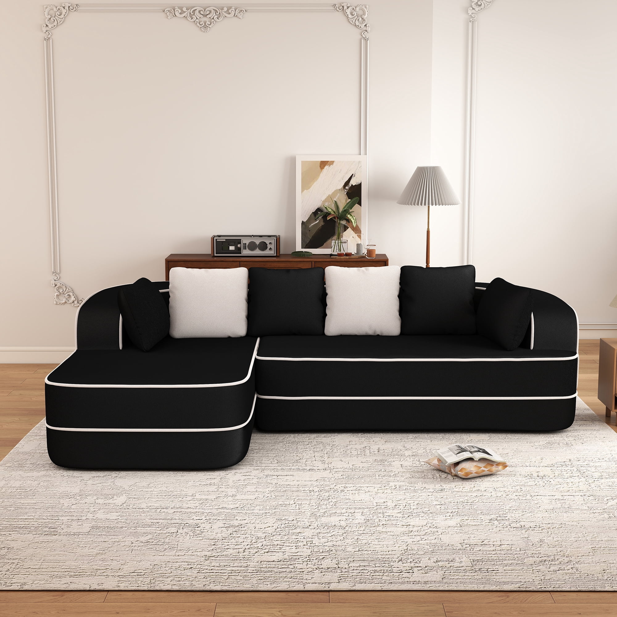 Aukfa 106" 2-Piece Modular Sectional Sofa for Living Room, Right Chaise, Plush Teddy Velvet, Black