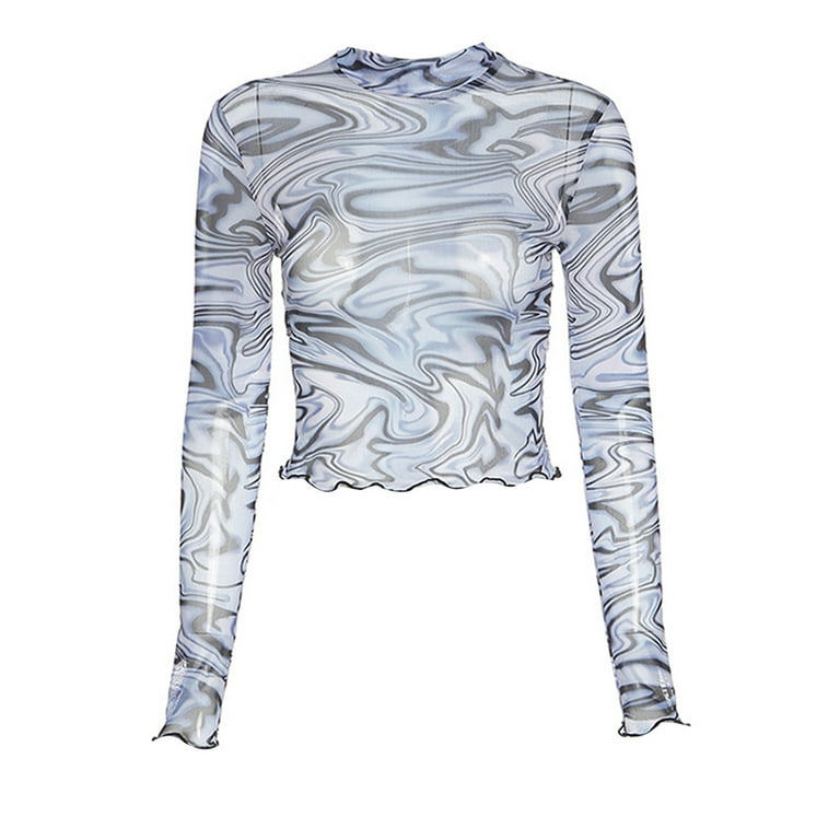 COUTEXYI Women's Casual Long-sleeved T-shirt Fashion Print Mesh