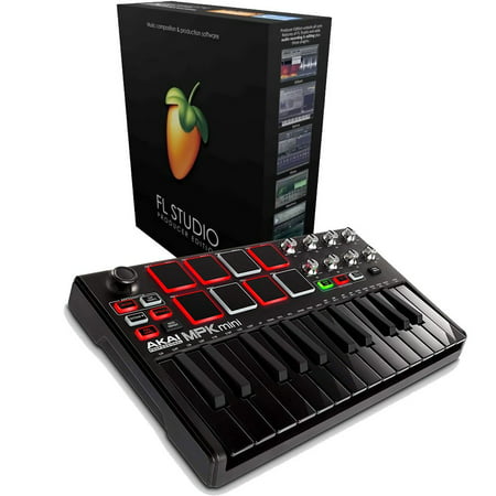 Akai MPK Mini MK2 Black and Chrome 25-Key MIDI Keyboard Controller with FL Studio 20 Producer Edition Download Card for (Best Midi Keyboard 2019)