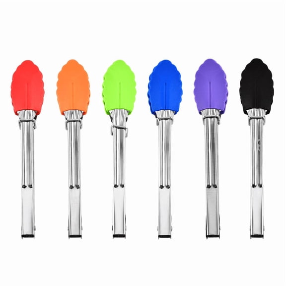 Small Tongs with Silicone Tips 7-Inch Mini Serving Tongs, Set of 6 (Green Red Blue Purple Pink Orange)