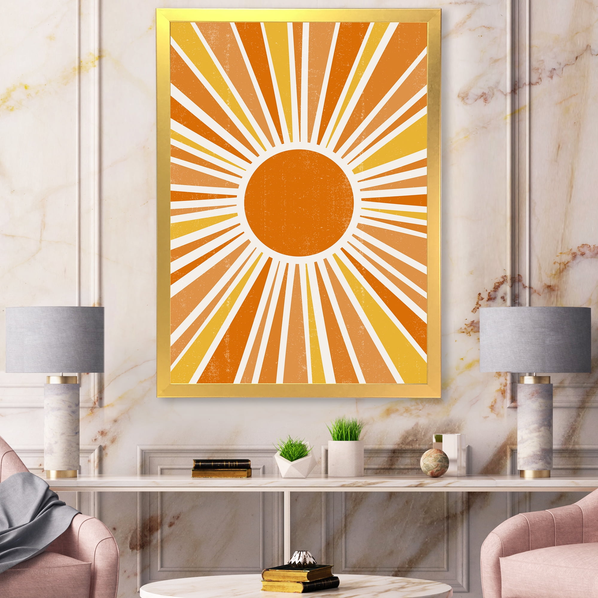 Designart 'Minimal Bright Shining Orange Sun Rays I' Modern Framed Art Print