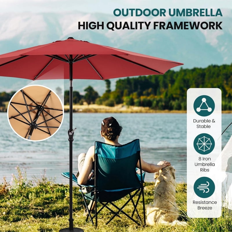 Kelno 9FT Patio Umbrella with Tilt and Crank Button 8 Sturdy Ribs UV Protection Waterproof, Red