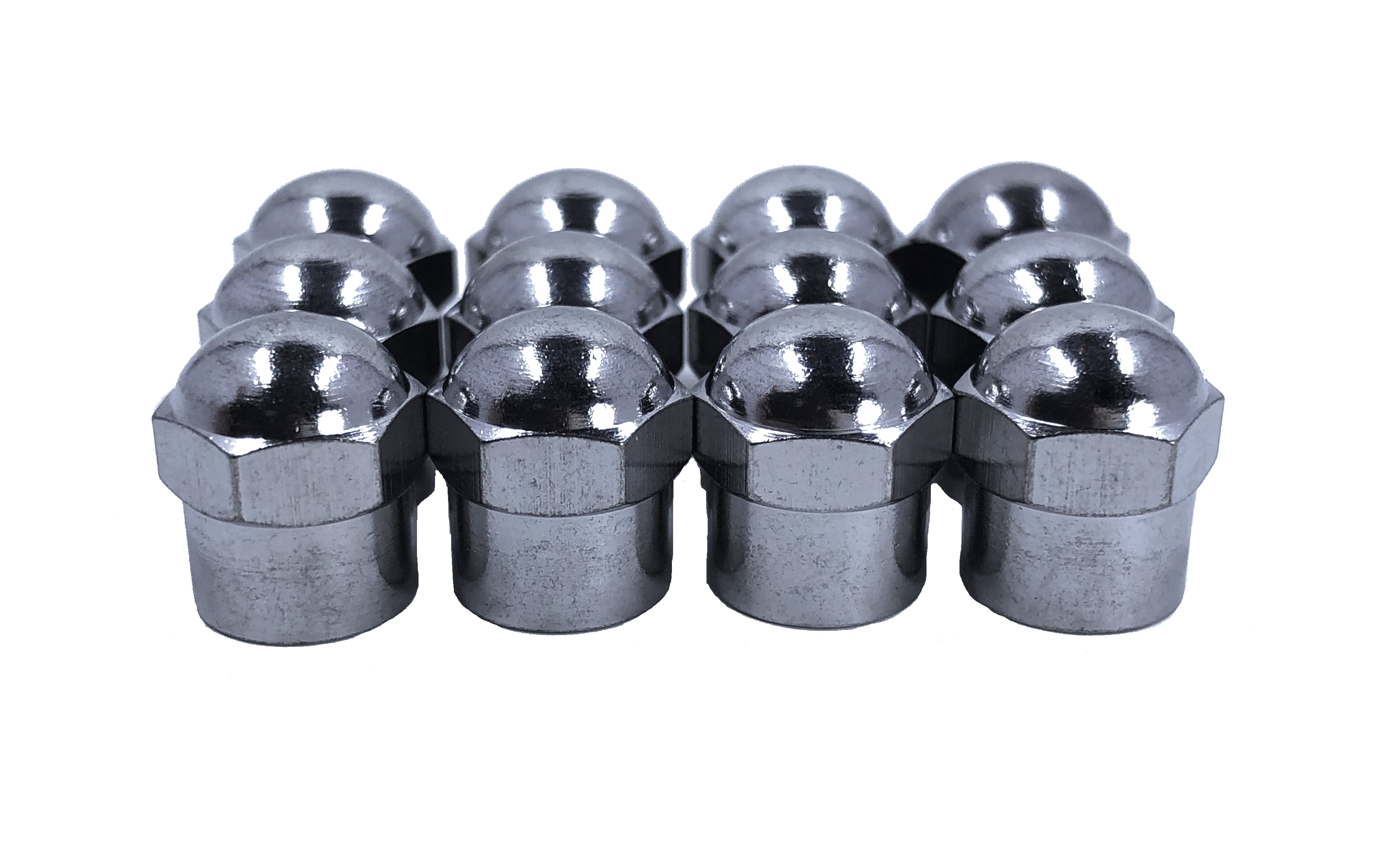 Pack of 12 Chrome Hex Dome metal valve caps for cars, bicycles and trucks