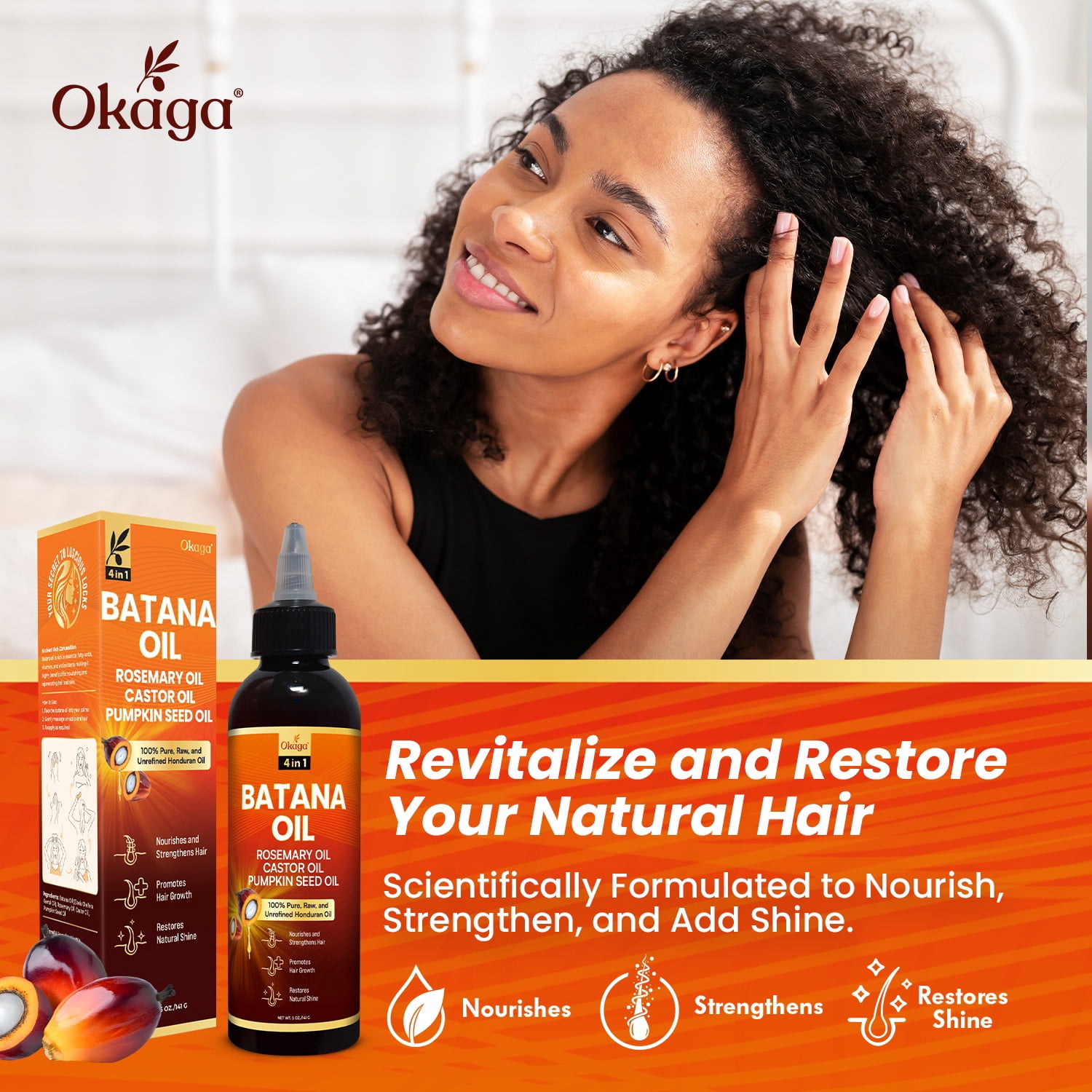 Okaga Batana Oil for Hair Growth with Rosemary, Castor, and Pumpkin Seed Oils, 100% Pure Unrefined Honduran Formula, Strengthens, Nourishes, Revives Scalp & Strands, Natural Care for All Types (5oz)