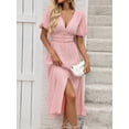 thumbnail image 5 of Women's V-Neck Puff Sleeve Dress with Decorative Button and Slit Ruched Detail 80% viscose 20% polyamide Casual Chic Wear, 5 of 10