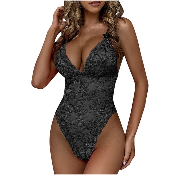Body de pijama de lencería sexy de una pieza con lazo de encaje de flores sexy para mujer Fridja nalpqowj11675