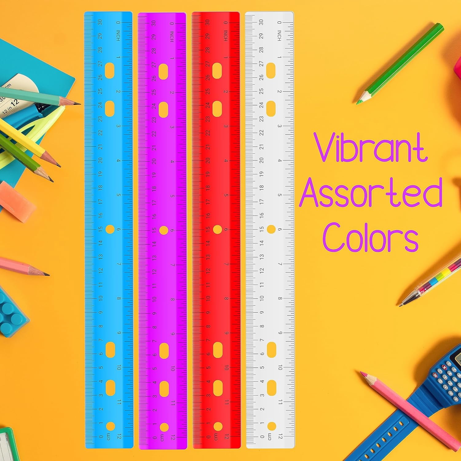 E-Clips USA 12-Inch Plastic Ruler, Durable Flexible Rulers in Assorted Colors, 144-Pack
