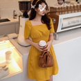 thumbnail image 3 of Robes pour Femmes Robe d'Été Robe Élégante Vêtements pour Femmes Grande Taille Style Français Encolure Carrée Manches Courtes Robes Jaune/blanc, 3 of 6