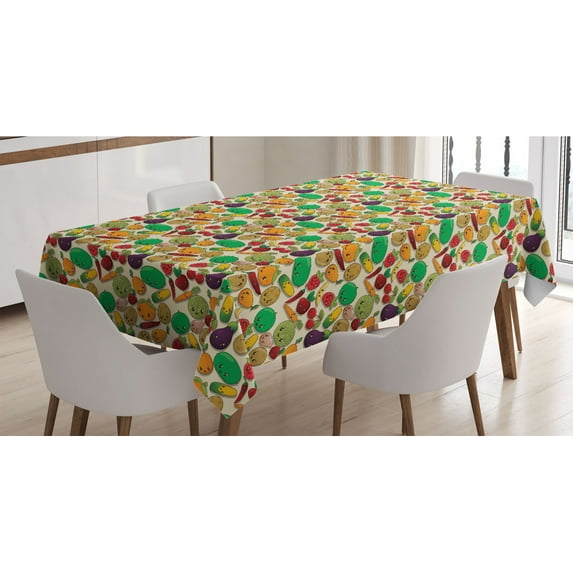 Anime Tablecloth, Various Vegetables and Fruits with Kawaii Faces Healthy Food as Characters, Rectangle Satin Table Cover Accent for Dining Room and Kitchen, 52" X 70", Multicolor, by Ambesonne