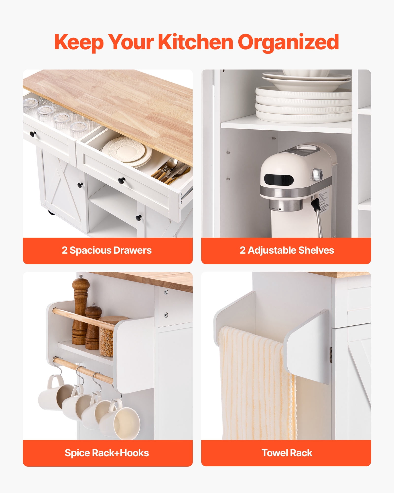 VEVOR Kitchen Island Cart, with Solid Wood Top and Storage Cabinet, Mobile Rolling Table with Drop Leaf,Drawers, Spice Towel Rack,Portable Islands on Swivel Wheels for Dining Room,52in Width,White