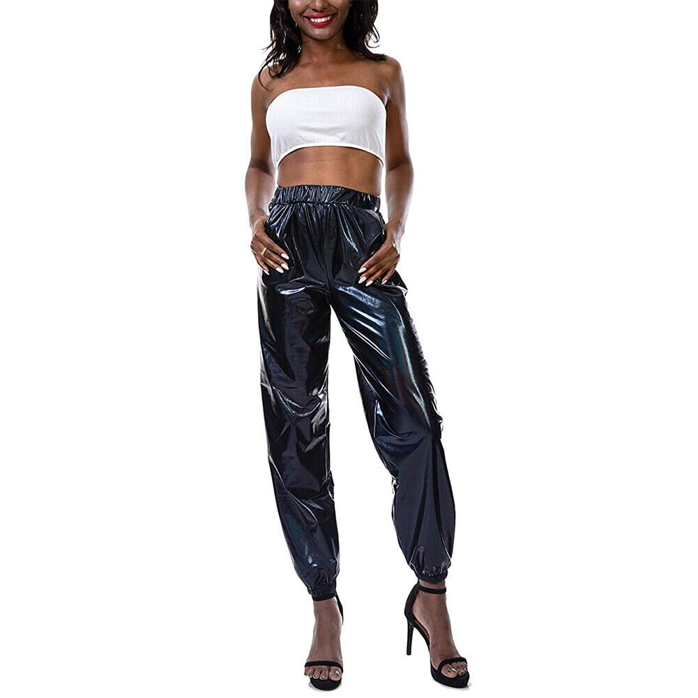 Calsunbaby - Women's Laser Pants Shiny Metallic Elastic High Waist ...