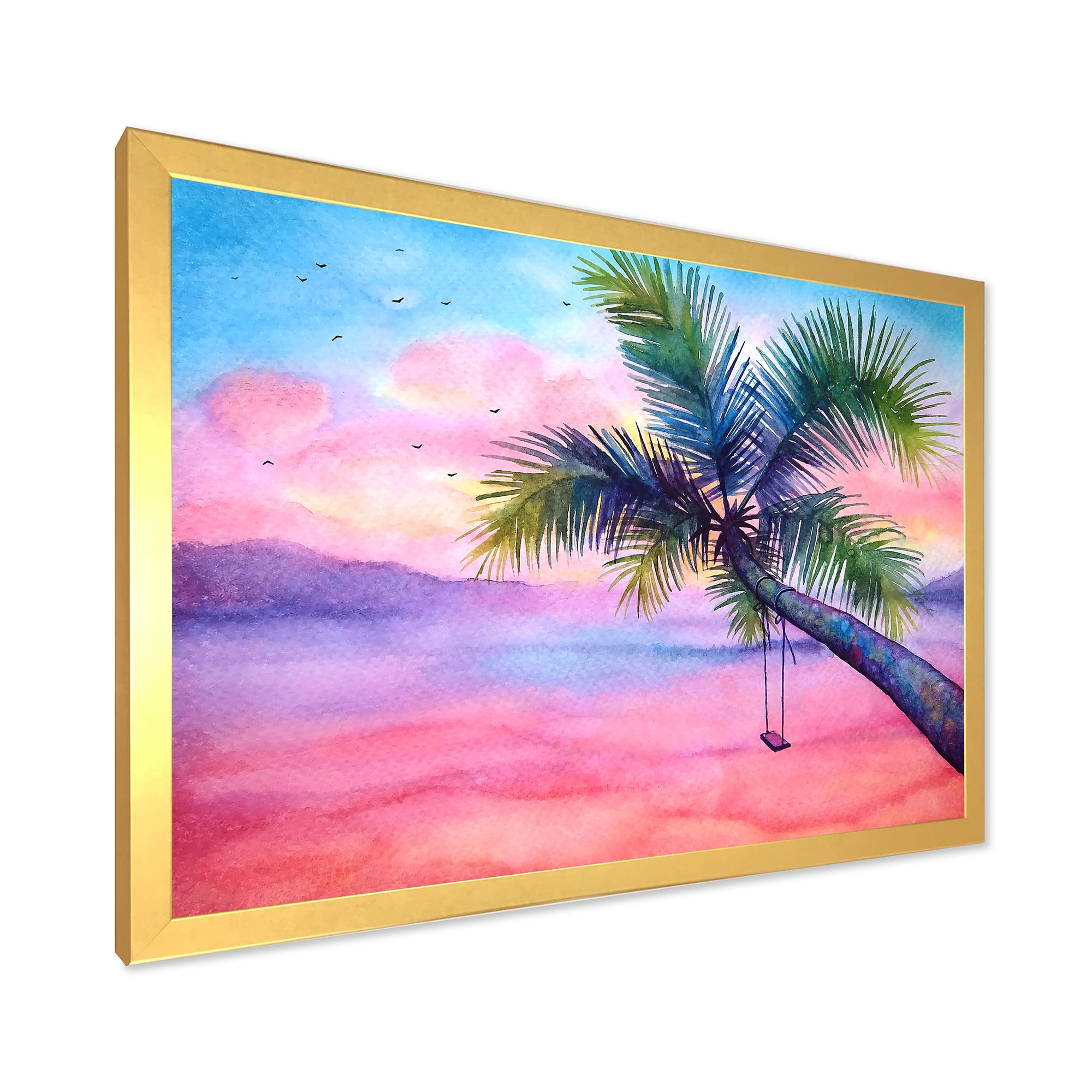 Designart 'Vivid Sunset Landscape With Swing and Palm' Nautical & Coastal Framed Art Print