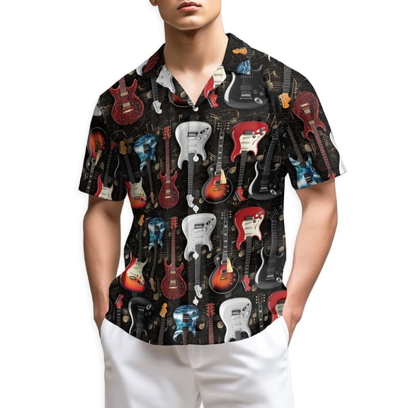 Netecom Electric Guitar Hawaiian Shirt for Men, Button Down Summer Beach Short Sleeve, Sizes S-5XL