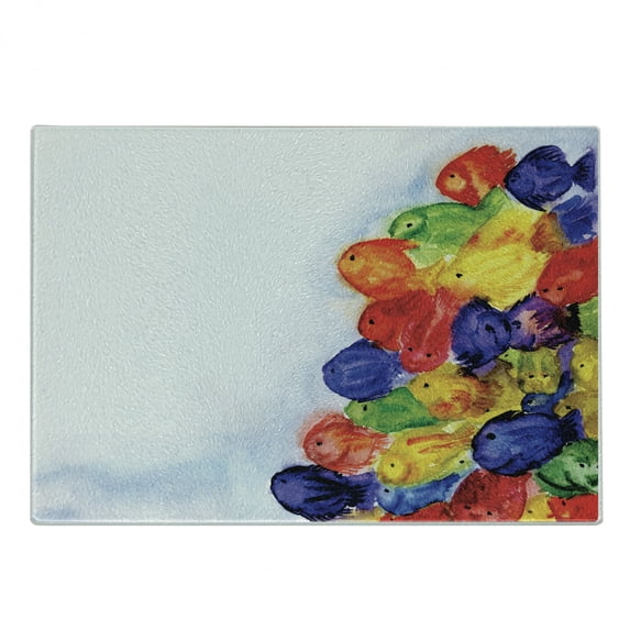 Watercolor Flower Cutting Board, Group of Murky Mix Fish Sea Animals in Dark Motley Abstract Art Image, Decorative Tempered Glass Cutting and Serving Board, Small Size, Multicolor, by Ambesonne