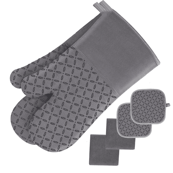 Prichor 6-Piece Heat Resistant Oven Mitts Set 500°F Extra Long BBQ Gloves Non-Slip Silicone Surface Pot Holders for Kitchen Baking, Cooking, Grilling, Grey