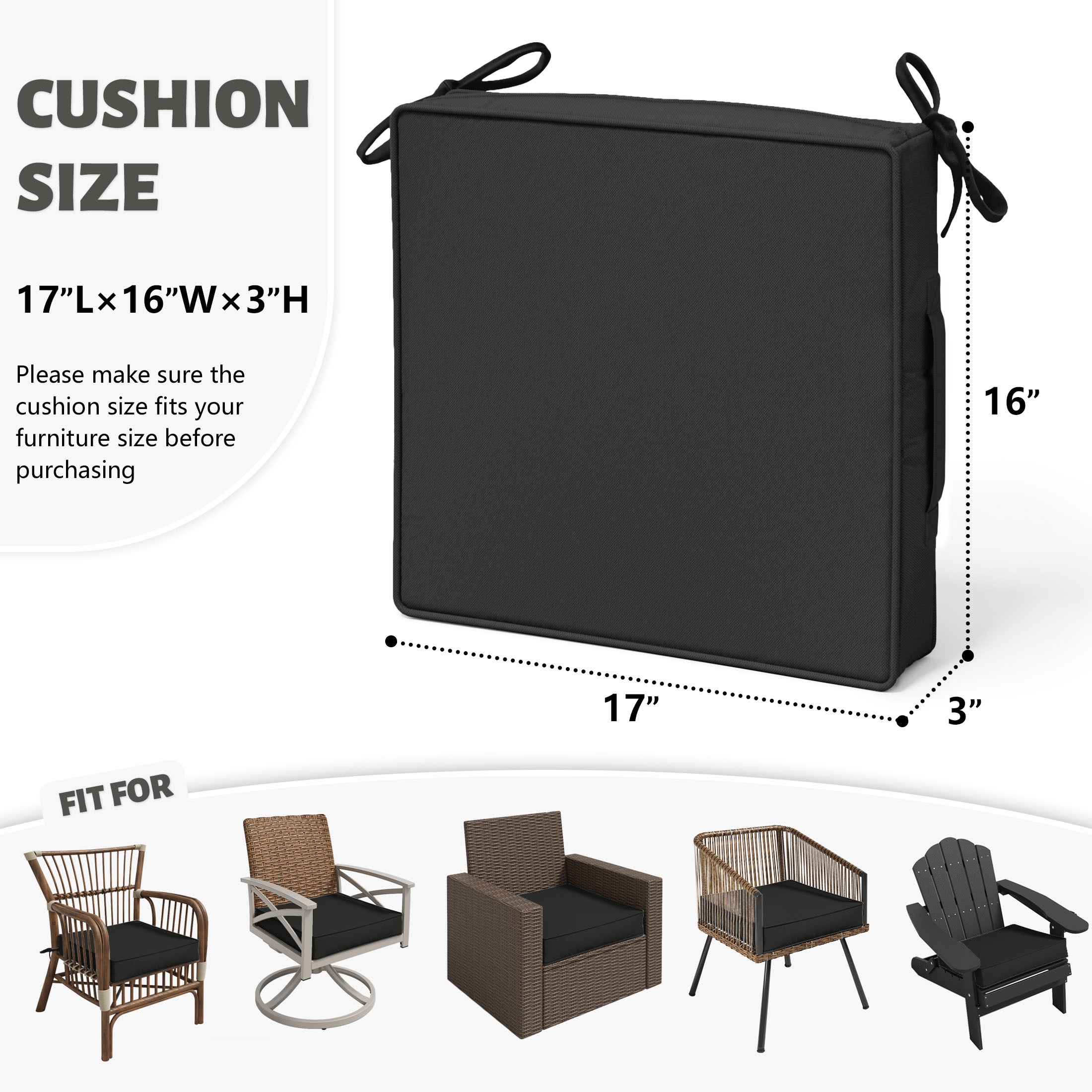 Kimunuk Outdoor Chair Cushions set of 2, 17" x 16" Zipped Waterproof Outdoor Seat Cushions Couch Pads with Ties for Patio Furniture, Black