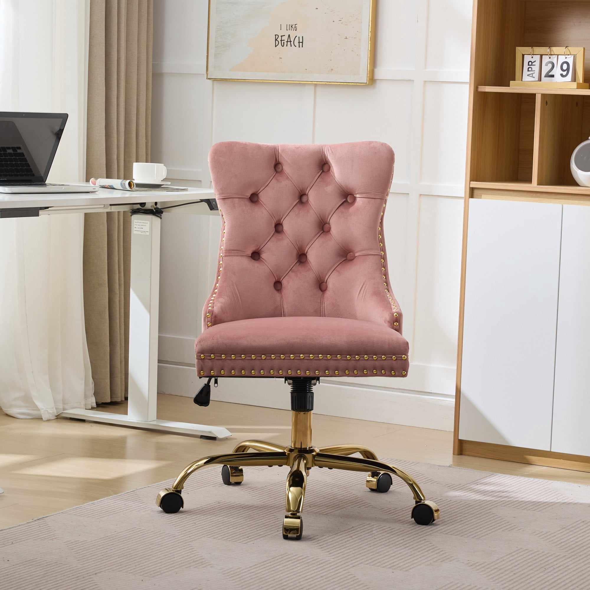SESSLIFE Swivel Vanity Chair, Modern Office Chair with Wheels, Golden Metal Base, Velvet Upholstered Tufted Button Home Office Chair with Adjustable Height, Ergonomic Home Desk Chair, Pink
