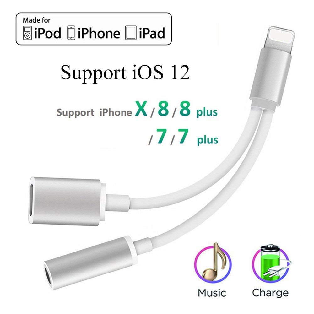 Headphone Adapter 3.5mm Dongle Headphone Connector Adapter Connector AUX Audio Jack Stereo Car Charger 2 in 1 Cable Charging and Cable Compatible for iPhone 7/X/XS/XR/8/8Plus Support for IOS12-silver 