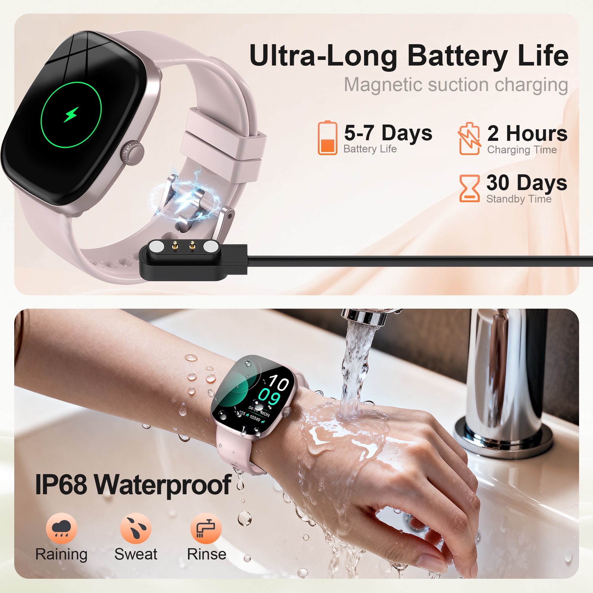 TPUFO Smart Watch Fits for iPhone and Android, 1.85-inch HD Fitness Tracker with Bluetooth Call Function, 120+ Sport Modes, IP68 Waterproof, Pink