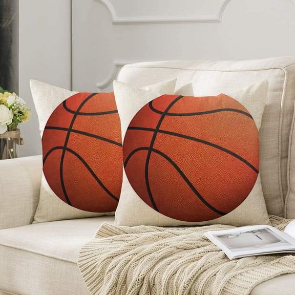 Basketball Decorative Pillow Cover - Bold Orange and Red Basketball Print Throw Pillow for Sports Fans 18x18" Set of 2