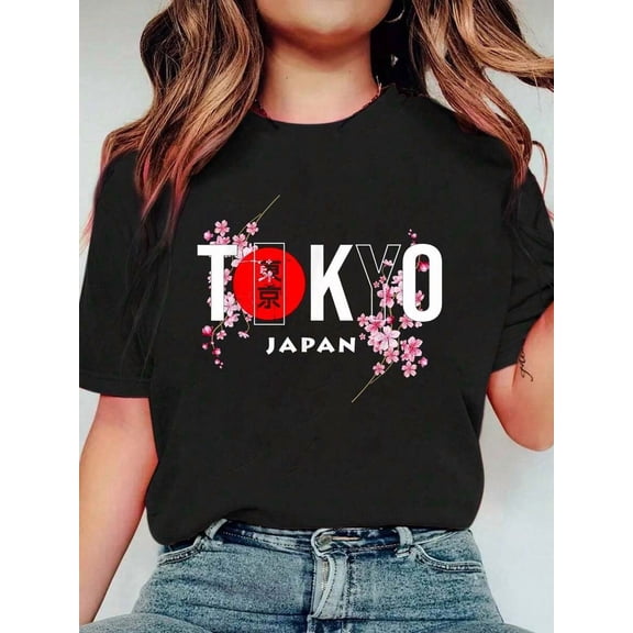 【New Arrival】Women Casual Graphic T-Shirt, Tokyo Japan Cherry Blossom Floral Print Loose Crew Neck Short Sleeve Japanese Streetwear Tee