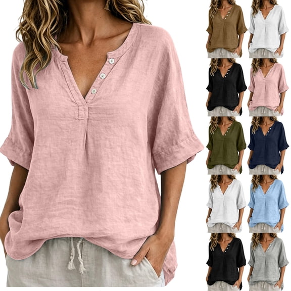 Womens Tops Casual 100% Cotton V-Neck Button Five-Quarter Sleeve Top