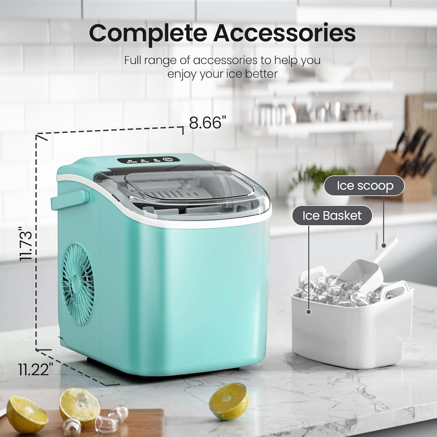 Havato Countertop Ice Maker, 9 Bullet Ice Cubes in 6 Mins, 26lbs/24H, w/ Scoop & Basket, Light Green