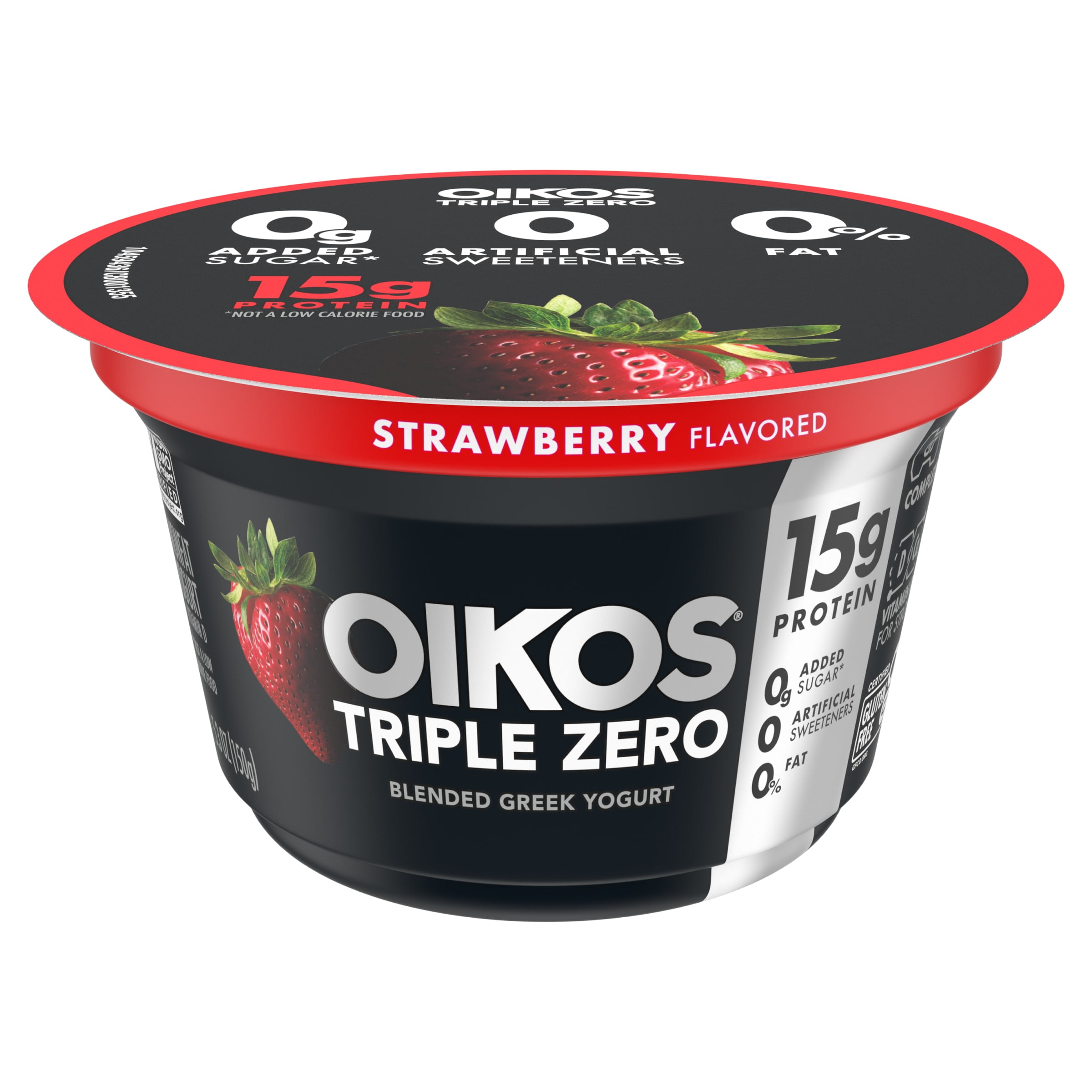 Oikos Triple Zero 15g Protein, Sugar Free Nonfat Strawberry Greek Yogurt Cup, 5.3 oz